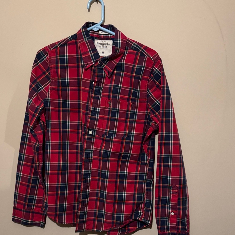 Abercrombie & Fitch Men's Red and Blue Plaid Shirt